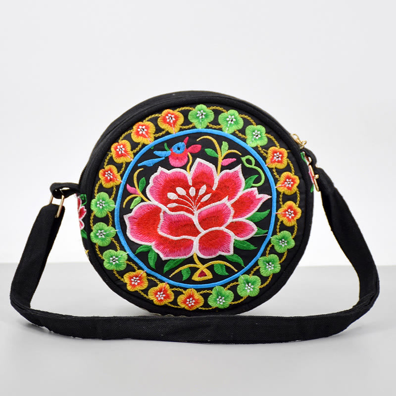 Buddha Stones Money Tree Galsang Inula Flower Peony Rose Peacock Double-Sided Embroidery Canvas Shopping Purse Handbag Crossbody Bag