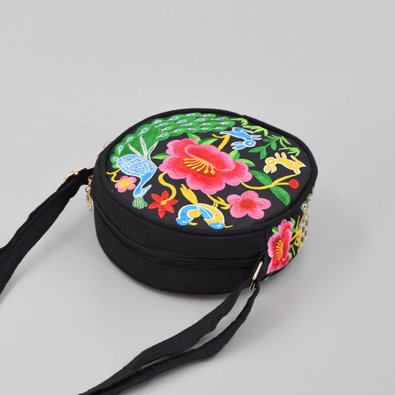 Buddha Stones Money Tree Galsang Inula Flower Peony Rose Peacock Double-Sided Embroidery Canvas Shopping Purse Handbag Crossbody Bag