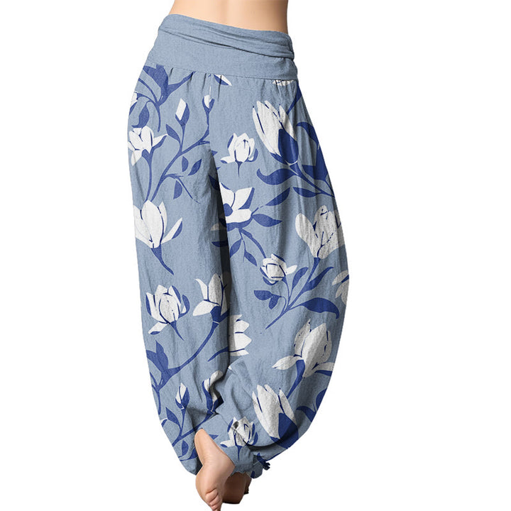 Buddha Stones Retro Magnolia Flowers Women's Elastic Waist Harem Pants