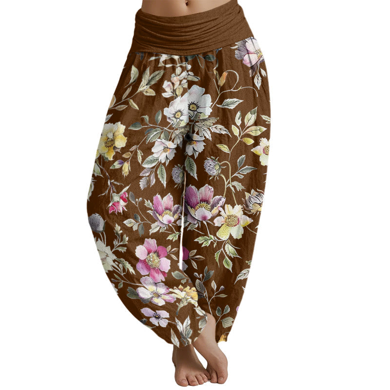 Buddha Stones Elegant Flower Design Women's Elastic Waist Harem Pants