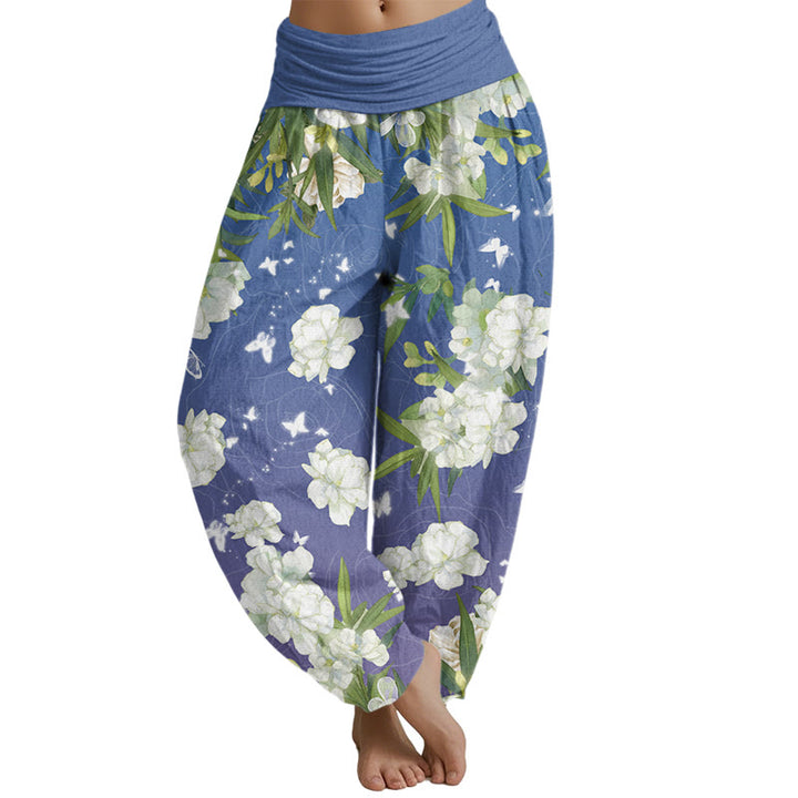 Buddha Stones Casual White Flowers Women's Elastic Waist Harem Pants