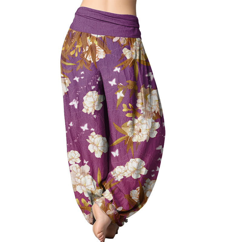 Buddha Stones Casual White Flowers Women's Elastic Waist Harem Pants