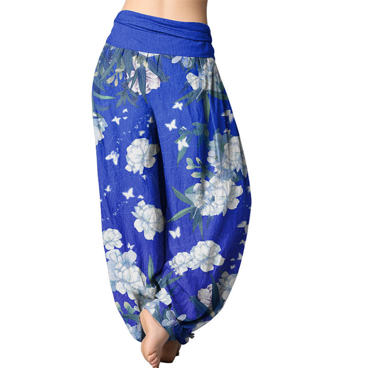 Buddha Stones Casual White Flowers Women's Elastic Waist Harem Pants