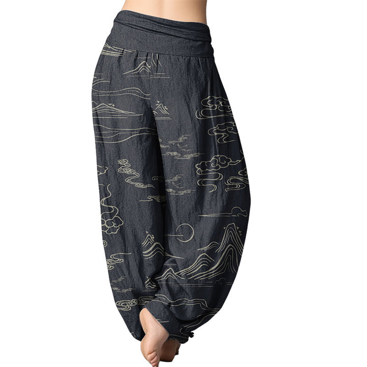 Buddha Stones Mountain Moon Auspicious Clouds Pattern Women's Elastic Waist Harem Pants