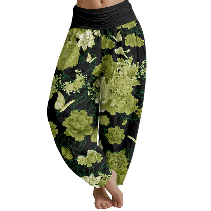 Buddha Stones Peony Flowers Pattern Women's Elastic Waist Harem Pants