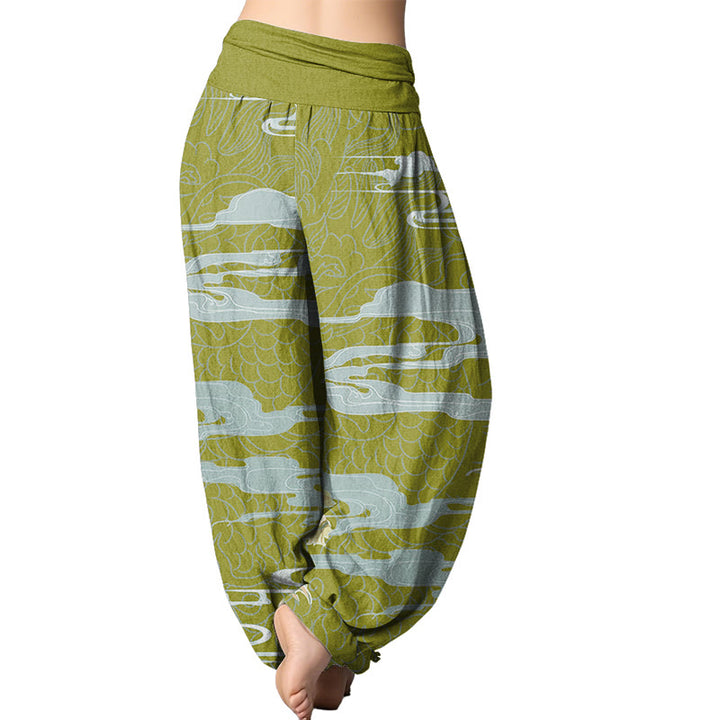 Buddha Stones Casual Dragon Auspicious Clouds Pattern Women's Elastic Waist Harem Pants