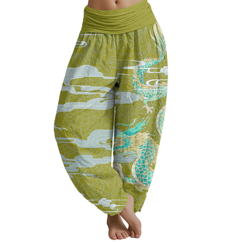 Buddha Stones Casual Dragon Auspicious Clouds Pattern Women's Elastic Waist Harem Pants