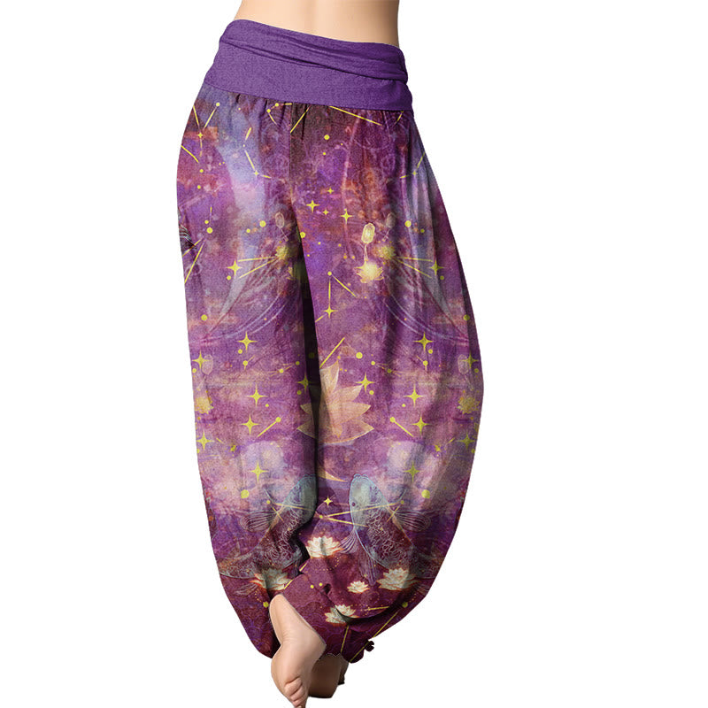 Buddha Stones Koi Fish Lotus Moon Stars Pattern Women's Elastic Waist Harem Pants