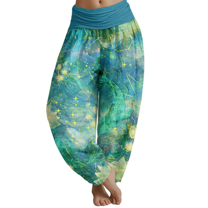 Buddha Stones Koi Fish Lotus Moon Stars Pattern Women's Elastic Waist Harem Pants