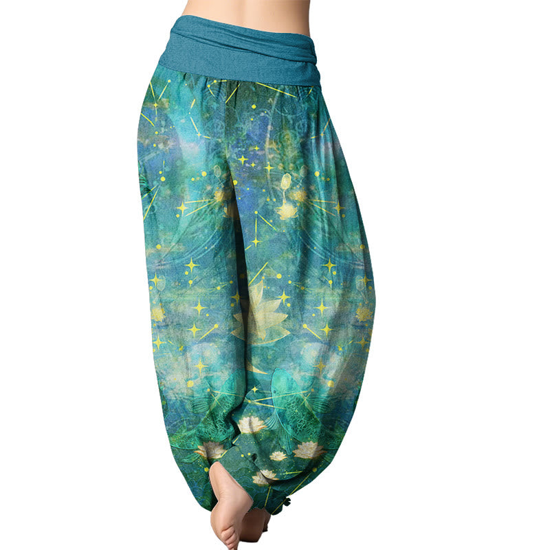 Buddha Stones Koi Fish Lotus Moon Stars Pattern Women's Elastic Waist Harem Pants