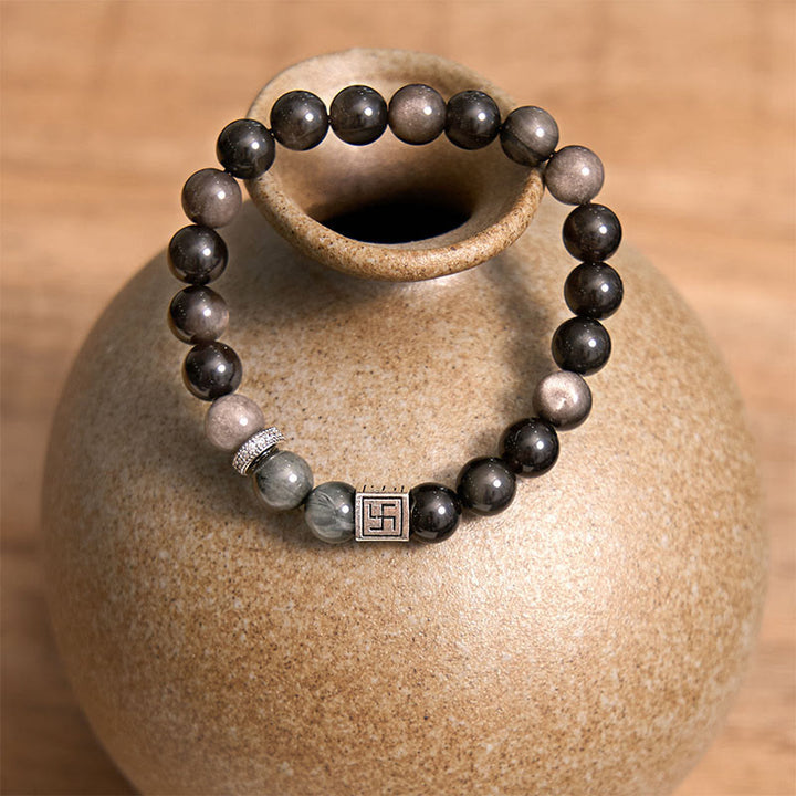 Buddha Stones Black Obsidian Eagle's Eye Stone Strength Courage Bracelet