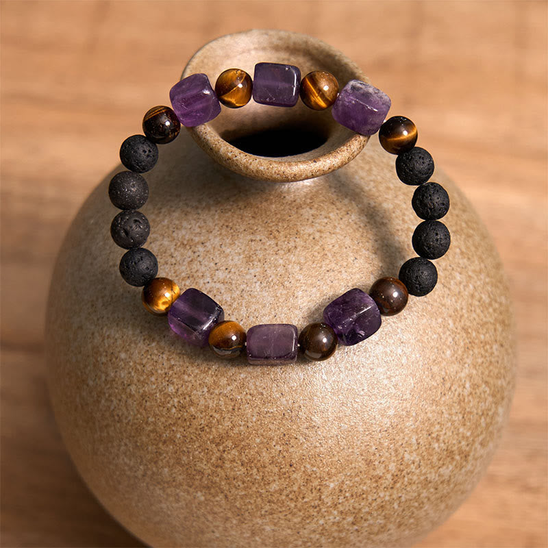 Buddha Stones Various Crystals Cube Amethyst Lava Rock Support Bracelet