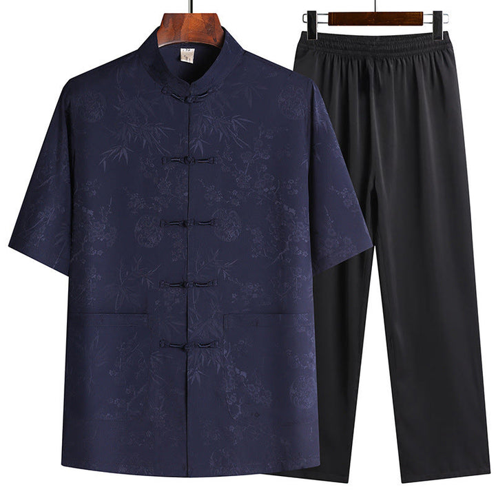 Buddha Stones Bamboo Peach Blossom Tang Suit Hanfu Traditional Uniform Short Sleeve Top Pants Clothing Men's Set - Navy Blue(Top&Pants) - US/UK/AU42，EU52 (3XL) - image 4