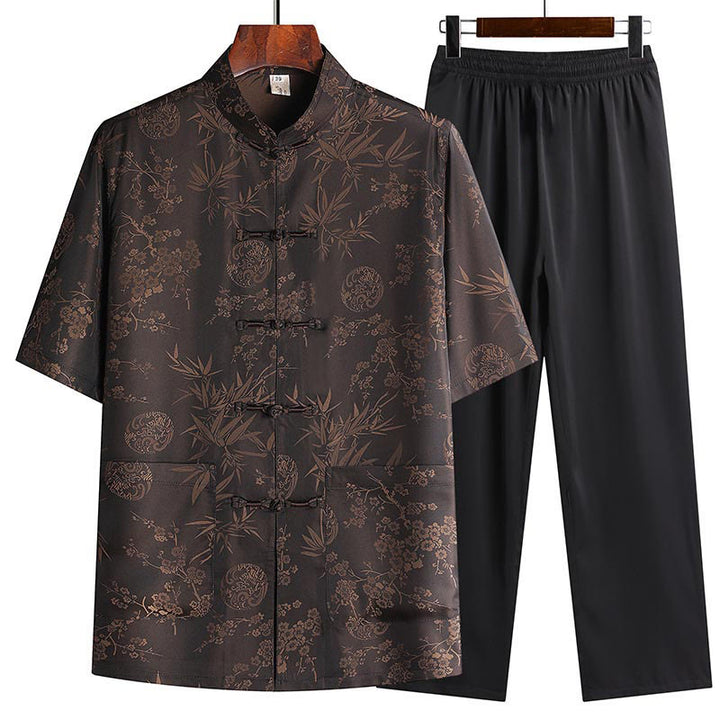 Buddha Stones Bamboo Peach Blossom Tang Suit Hanfu Traditional Uniform Short Sleeve Top Pants Clothing Men's Set - Brown(Top&Pants) - US/UK/AU42，EU52 (3XL) - image 0