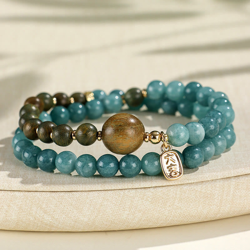 Buddha Stones Blue Chalcedony Green Sandalwood Small Leaf Red Sandalwood Double Wrap Emotional Balance Bracelet