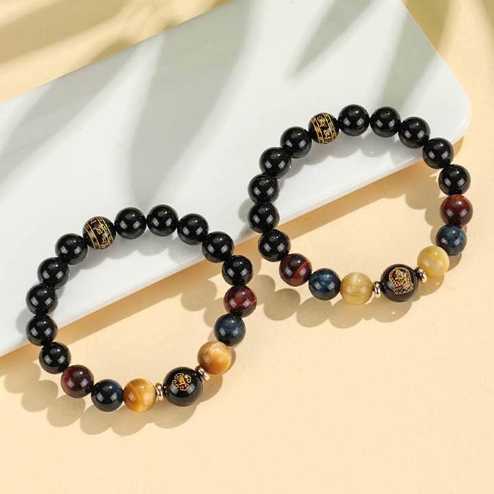 Buddha Stones Black Onyx Tiger Eye Om Mani Padme Hum Chinese Zodiac Natal Buddha Support Bracelet