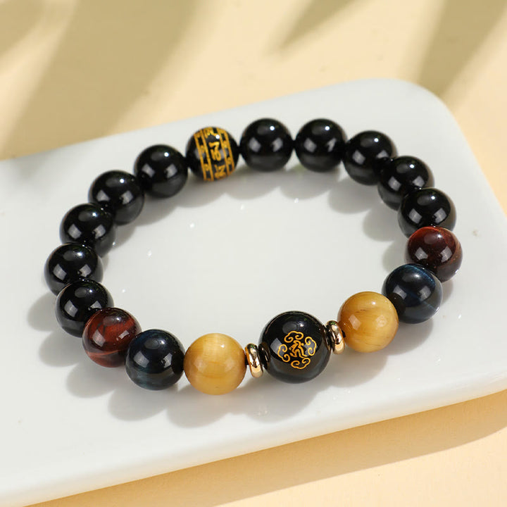 Buddha Stones Black Onyx Tiger Eye Om Mani Padme Hum Chinese Zodiac Natal Buddha Support Bracelet