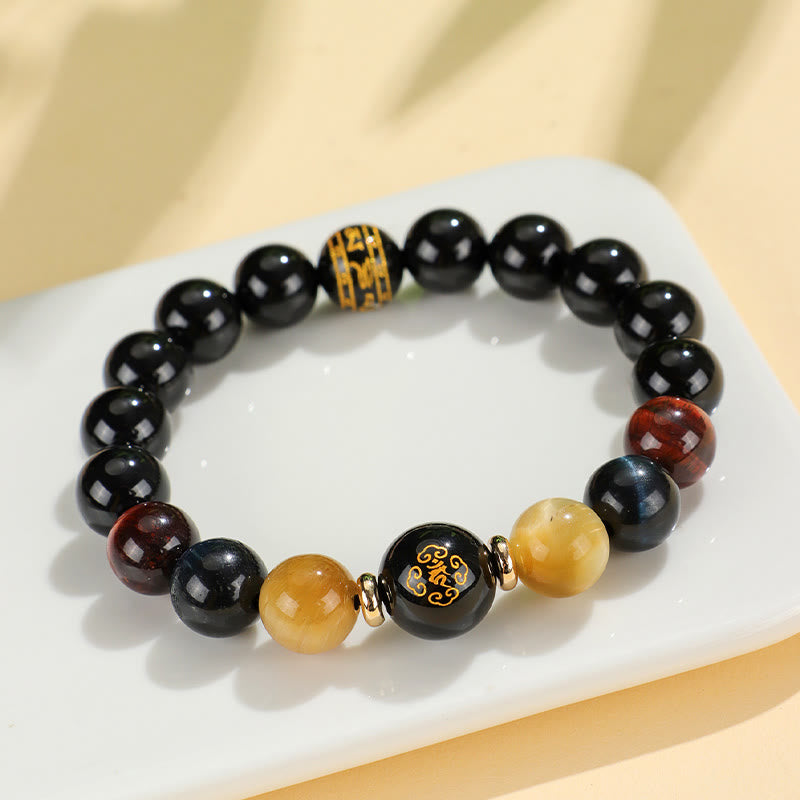 Buddha Stones Black Onyx Tiger Eye Om Mani Padme Hum Chinese Zodiac Natal Buddha Support Bracelet