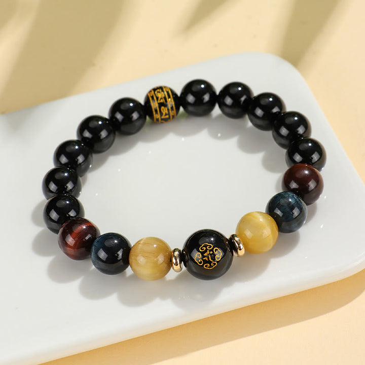 Buddha Stones Black Onyx Tiger Eye Om Mani Padme Hum Chinese Zodiac Natal Buddha Support Bracelet