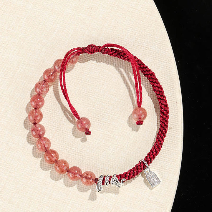 Buddha Stones Natural Strawberry Quartz Silver Sheen Obsidian Year of the Snake String Protection Braided Bracelet