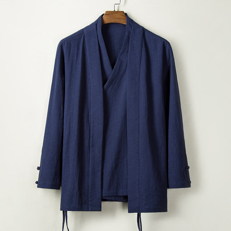 Buddha Stones Fall Chinese Hanfu Cotton Linen Men Jacket Clothing - SteelBlue - US/UK/AU44，EU54 (4XL) - image 0