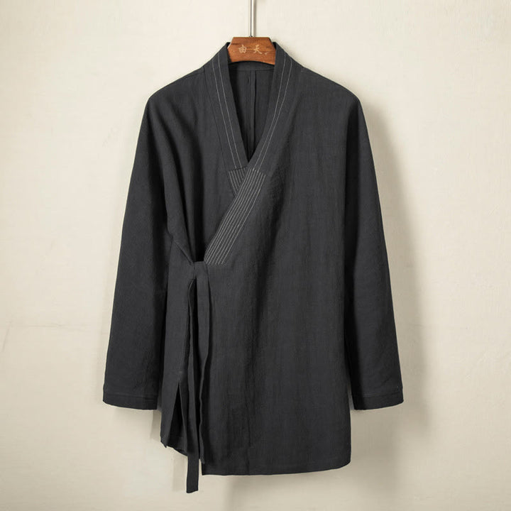 Buddha Stones Simple Fall Lace-up Cotton Linen Men Jacket Coat Zen Clothing - Black - US/UK/AU44，EU54 (4XL) - image 0