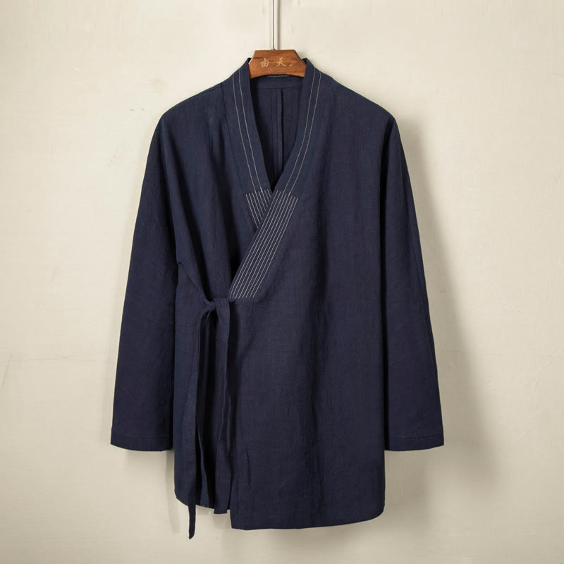 Buddha Stones Simple Fall Lace-up Cotton Linen Men Jacket Coat Zen Clothing - SteelBlue - US/UK/AU44，EU54 (4XL) - image 2