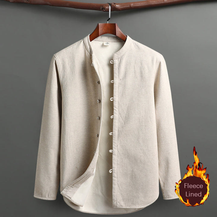 Buddha Stones Solid Tang Suit Traditional Fleece Lined Uniform Long Sleeve Top Pants Men's Set - Linen - Top - US/UK/AU46，EU56 (5XL) - image 10