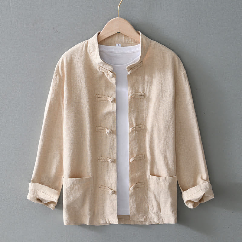 Buddha Stones Frog-Button Chinese Tang Suit Cotton Linen Men Jacket Shirt With Pockets