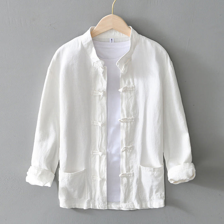 Buddha Stones Frog-Button Chinese Tang Suit Cotton Linen Men Shirt With Pockets - White - US/UK/AU50，EU60 (5XL) - image 6