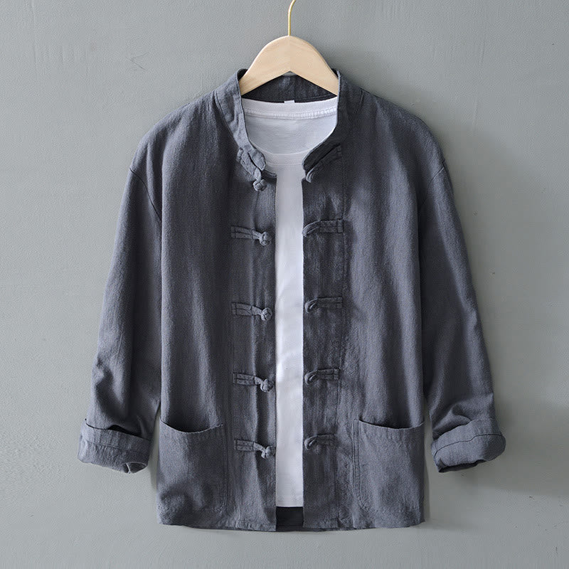 Buddha Stones Frog-Button Chinese Tang Suit Cotton Linen Men Jacket Shirt With Pockets - Gray - US/UK/AU50，EU60 (5XL) - image 0