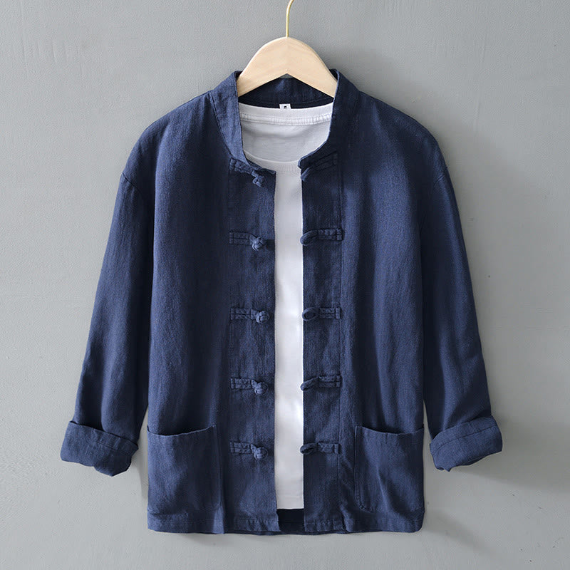Buddha Stones Frog-Button Chinese Tang Suit Cotton Linen Men Shirt With Pockets - SteelBlue - US/UK/AU50，EU60 (5XL) - image 29