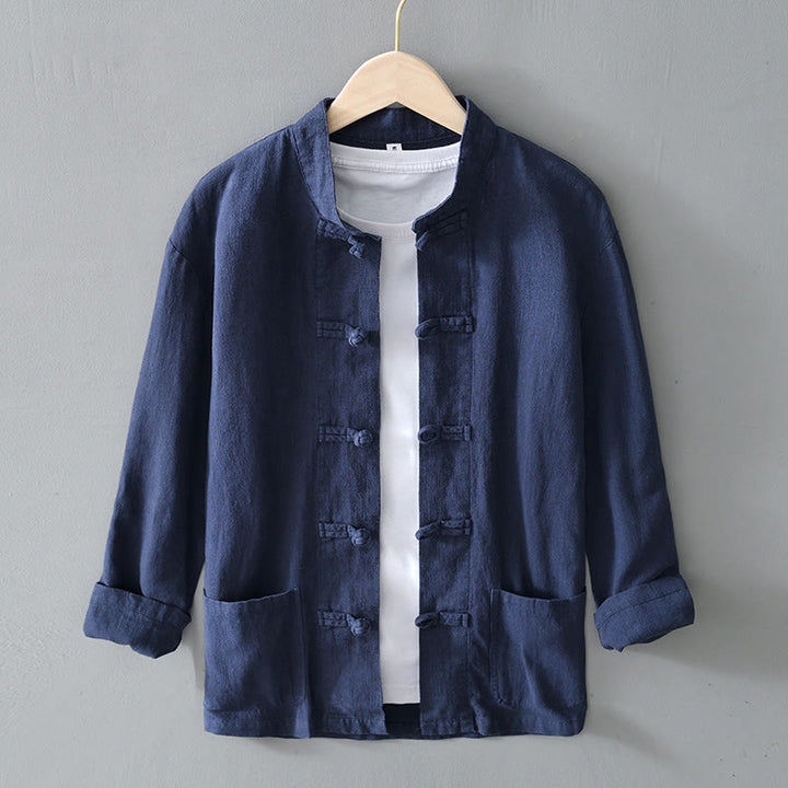 Buddha Stones Frog-Button Chinese Tang Suit Ramie Linen Cotton Men Jacket Shirt With Pockets