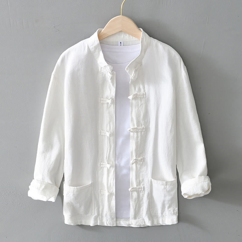 Buddha Stones Frog-Button Chinese Tang Suit Cotton Linen Men Jacket Shirt With Pockets