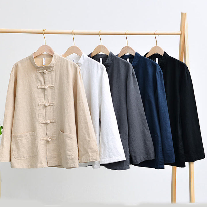 Buddha Stones Frog-Button Chinese Tang Suit Cotton Linen Men Jacket Shirt With Pockets