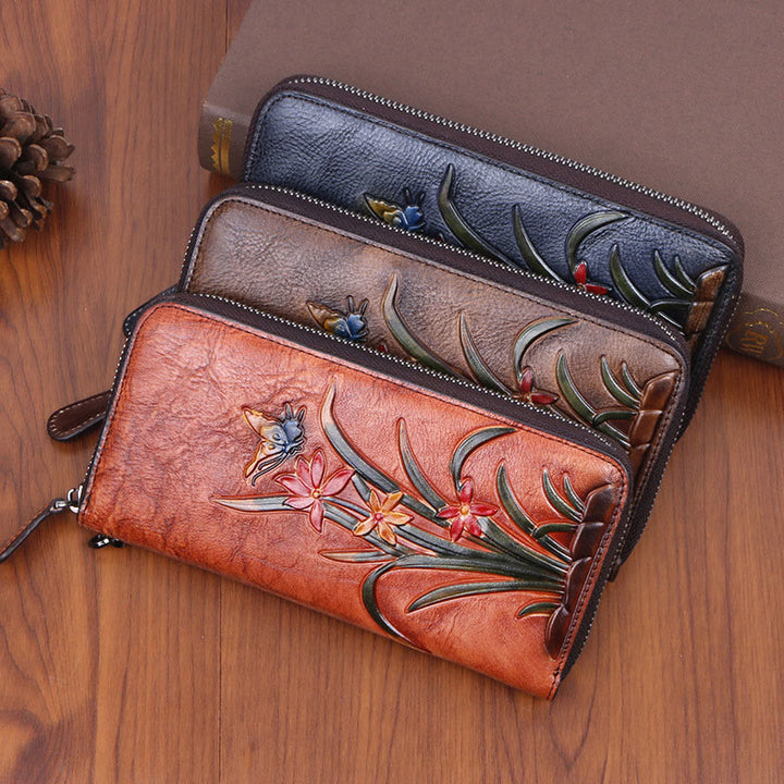 Buddha Stones Retro Orchid Printed Leather Bag Journey Shopping Purse Handbag