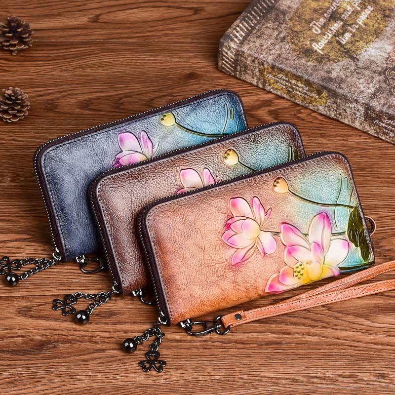 Buddha Stones Retro Lotus Printed Leather Bag Journey Shopping Purse Handbag