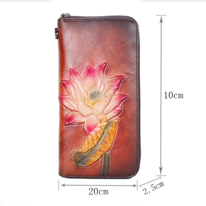 Buddha Stones Retro Lotus Leaf Printed Leather Bag Journey Shopping Purse Handbag