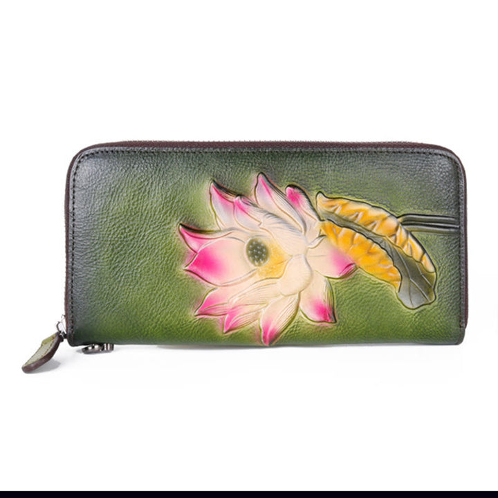 Buddha Stones Retro Lotus Leaf Printed Leather Bag Journey Shopping Purse Handbag