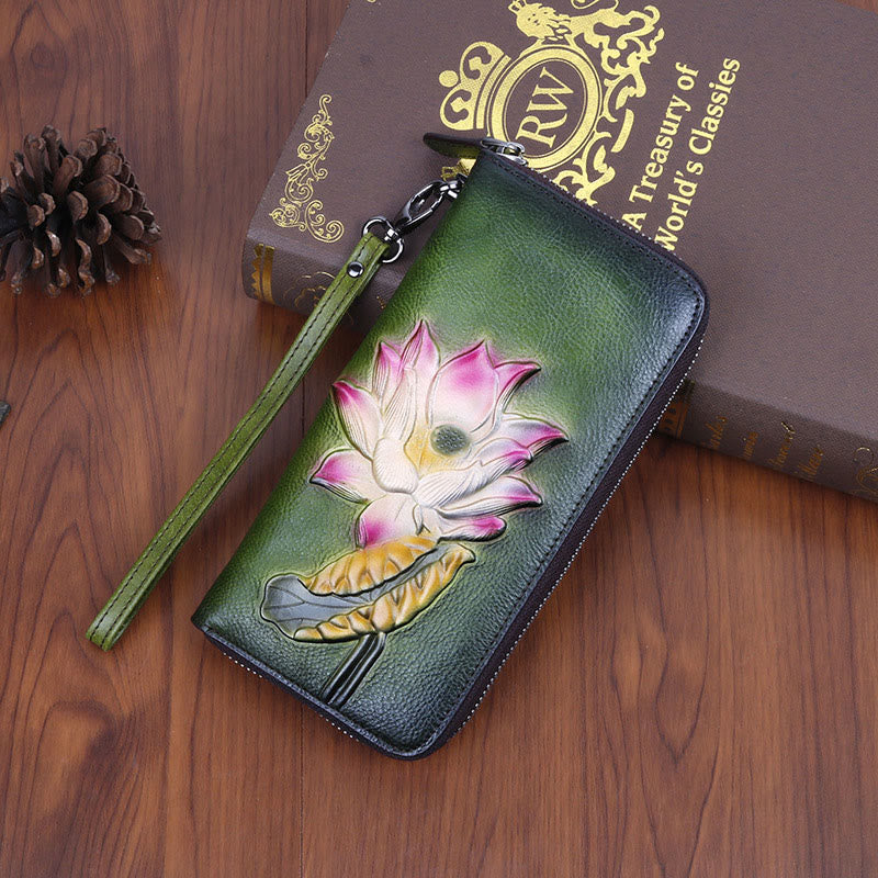 Buddha Stones Retro Lotus Printed Leather Bag Journey Shopping Purse Handbag