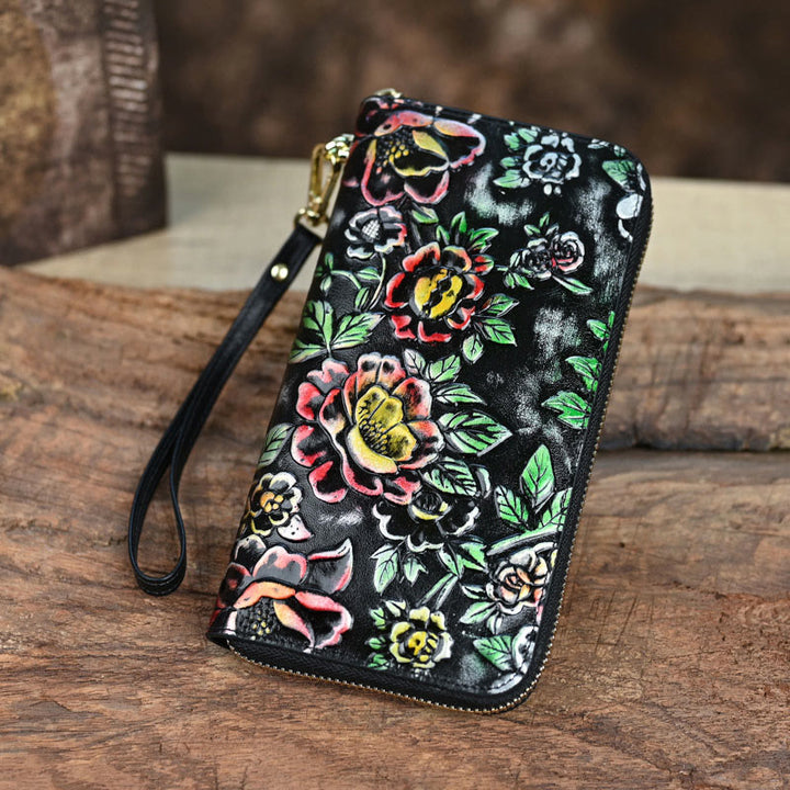 Buddha Stones Retro Lotus Printed Leather Bag Journey Shopping Purse Handbag Wallet