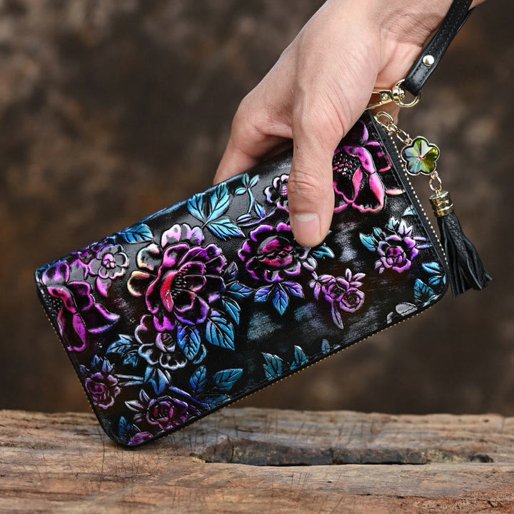 Buddha Stones Retro Lotus Printed Leather Bag Journey Shopping Purse Handbag Wallet