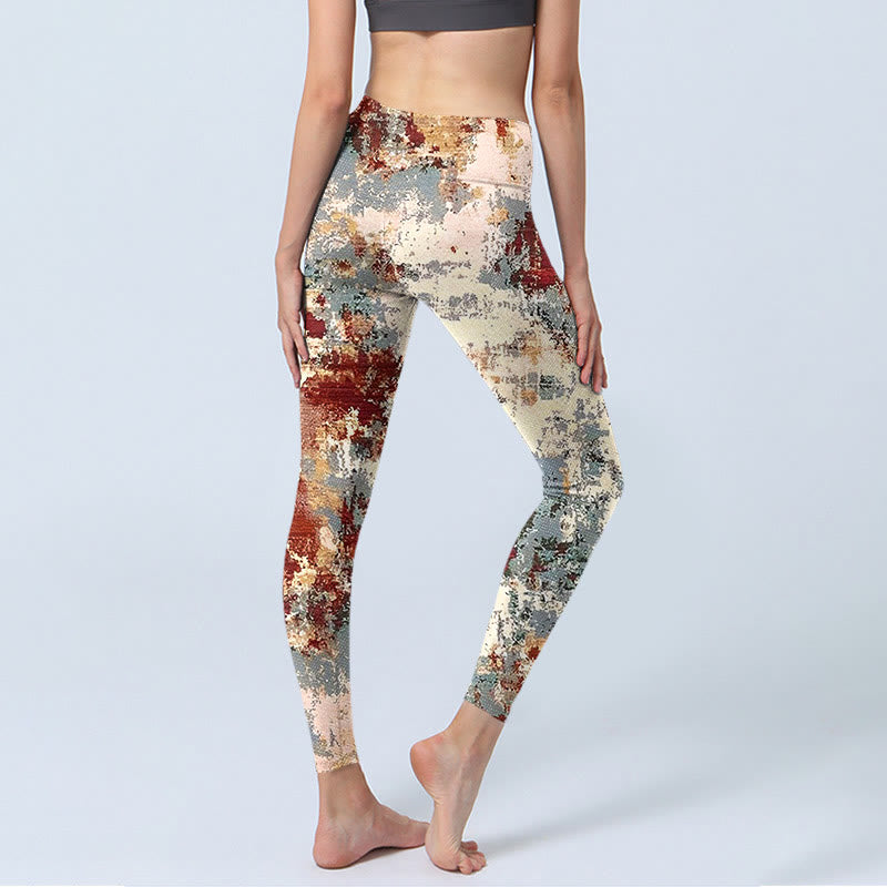 Buddha Stones Beige Red Grey Abstract Design Print Exercise Leggings Women's Yoga Pants