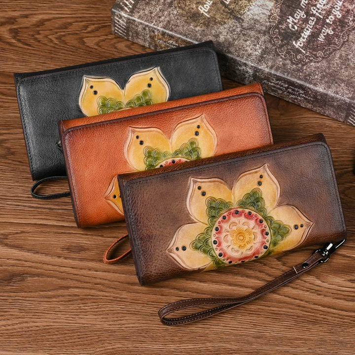 Buddha Stones Retro Flowers Printed Leather Bag Journey Shopping Purse Handbag Wallet