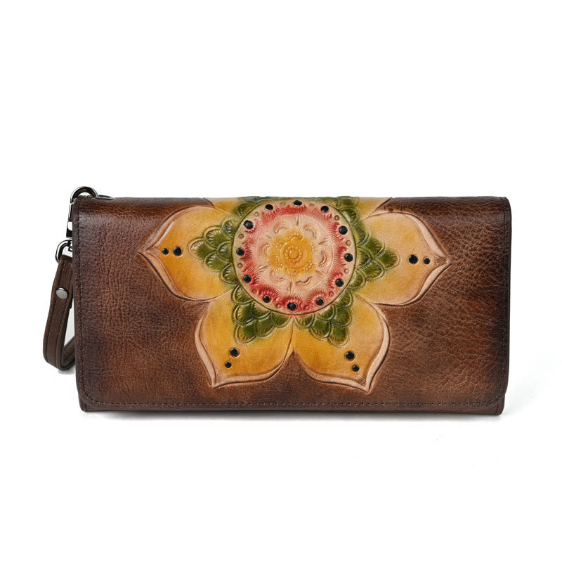 Buddha Stones Retro Flowers Printed Leather Bag Journey Shopping Purse Handbag Wallet