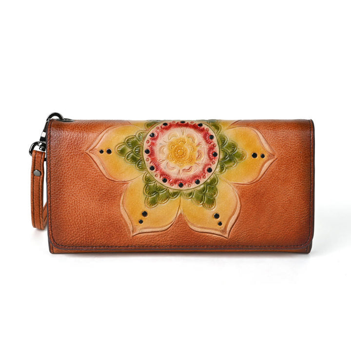 Buddha Stones Retro Flowers Printed Leather Bag Journey Shopping Purse Handbag Wallet