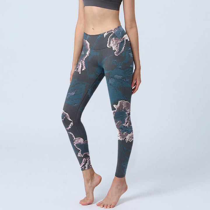 Buddha Stones SteelBlue Silver Flowers Print Exercise Leggings Women's Yoga Pants