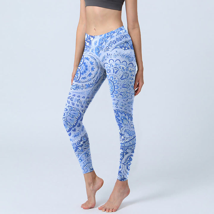 Buddha Stones Persian Style RoyalBlue White Flowers Pattern Print Exercise Leggings Women's Yoga Pants