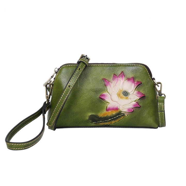 Buddha Stones Pink Lotus Flower Leaf Printed Leather Bag Journey Shopping Purse Handbag Shoulder Bag Crossbody Bag