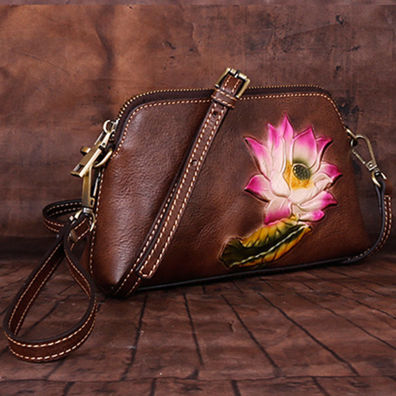 Buddha Stones Pink Lotus Flower Leaf Printed Leather Bag Journey Shopping Purse Handbag Shoulder Bag Crossbody Bag